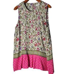 J. Jill Sleeveless Floral Blouse M Rayon Scoop Neck Pink Hem Boho Summer Top